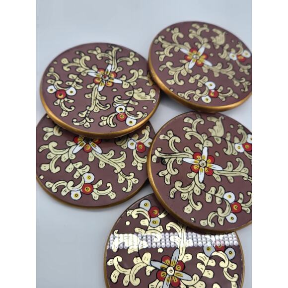 5 MCM Vintage Florentine Style Reverse Glass Painted Coasters Wood Back - Picture 2 of 7